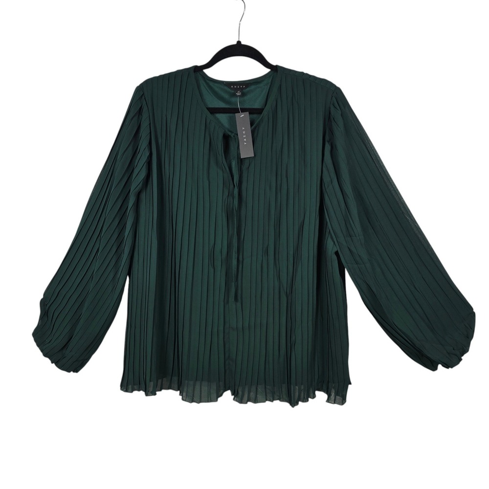 Adiva Womens 1X Hunter Green Pleated Lined‎ Tie Neck Balloon Sleeve Blouse NWT